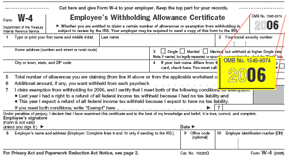 OMB example on a W4 Withholding certificate